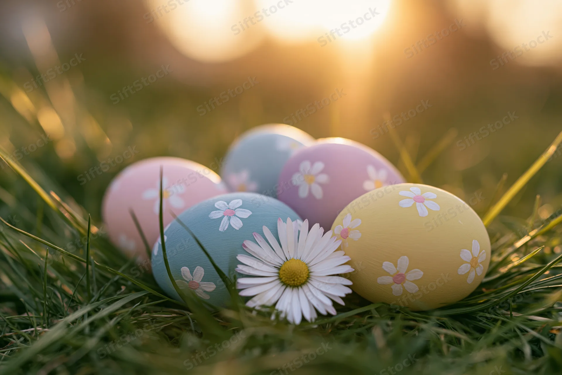 Hand-painted easter eggs with floral patterns resting in grass under sunlight