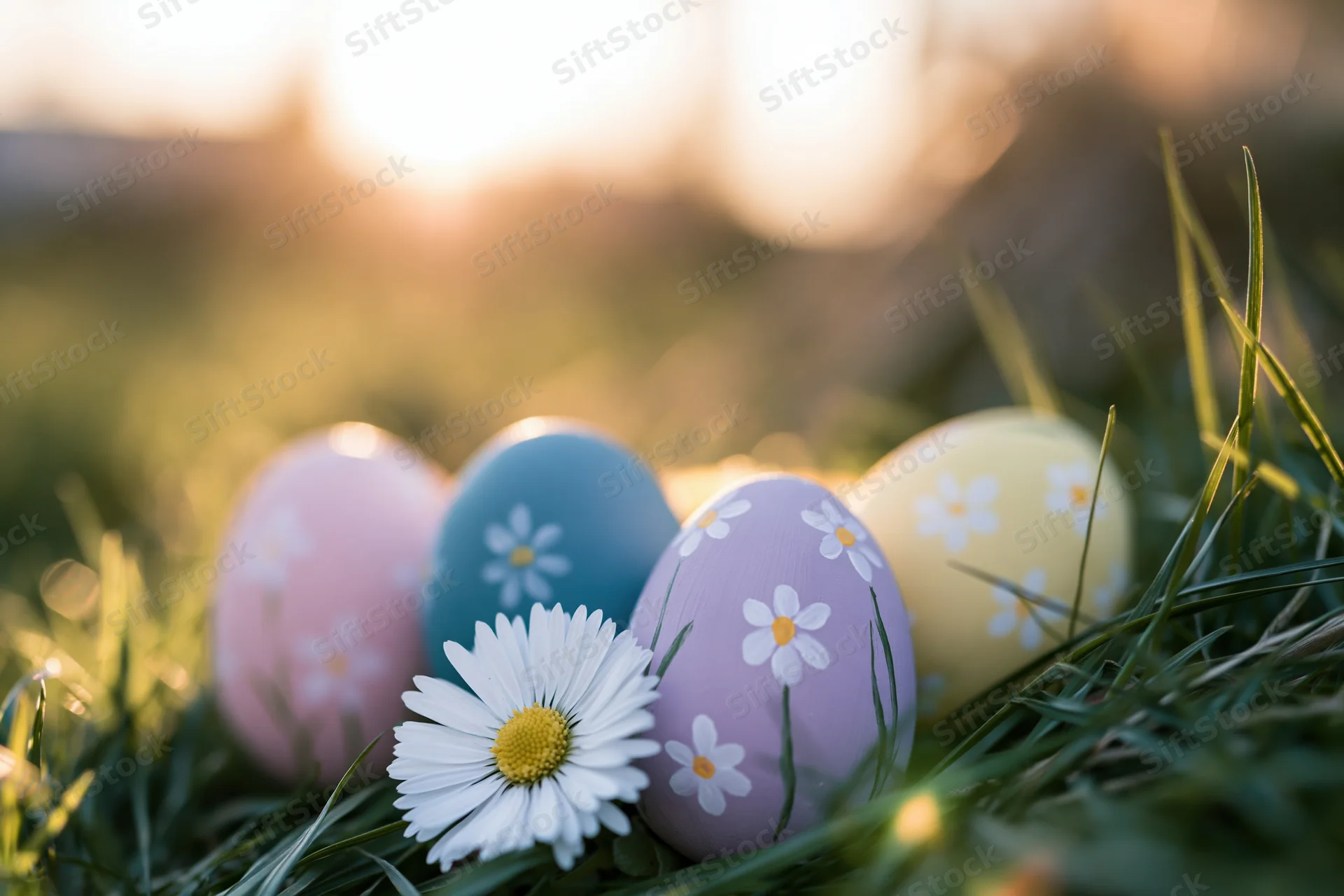 Hand-painted easter eggs with floral patterns resting in grass beside a daisy in morning light