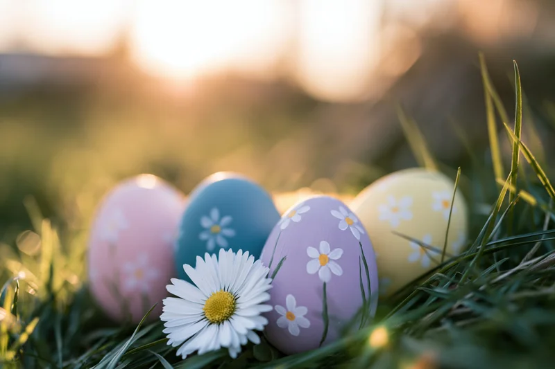 Hand-painted easter eggs with floral patterns resting in grass beside a daisy in morning light