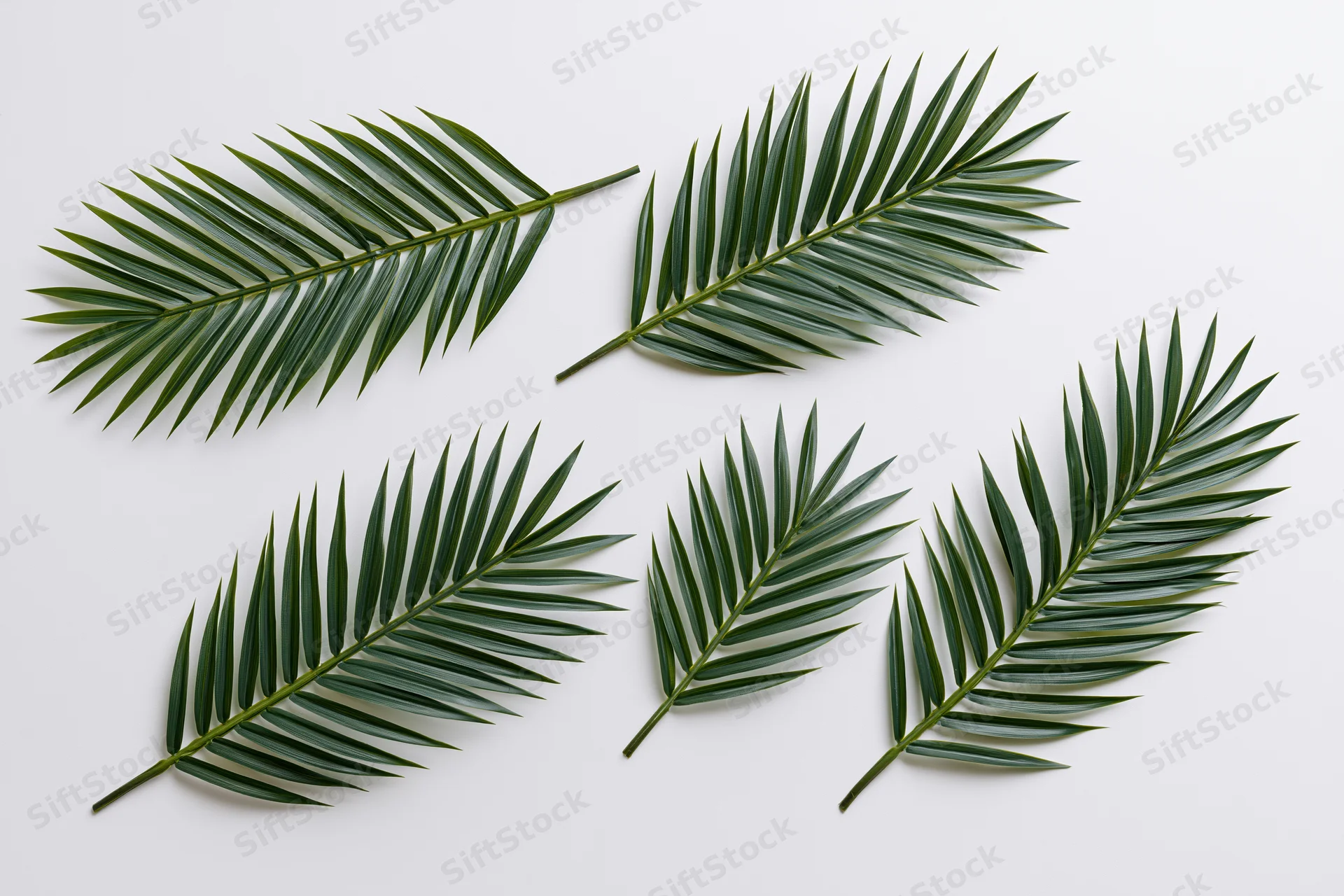 Five palm fronds arranged flat on a white surface