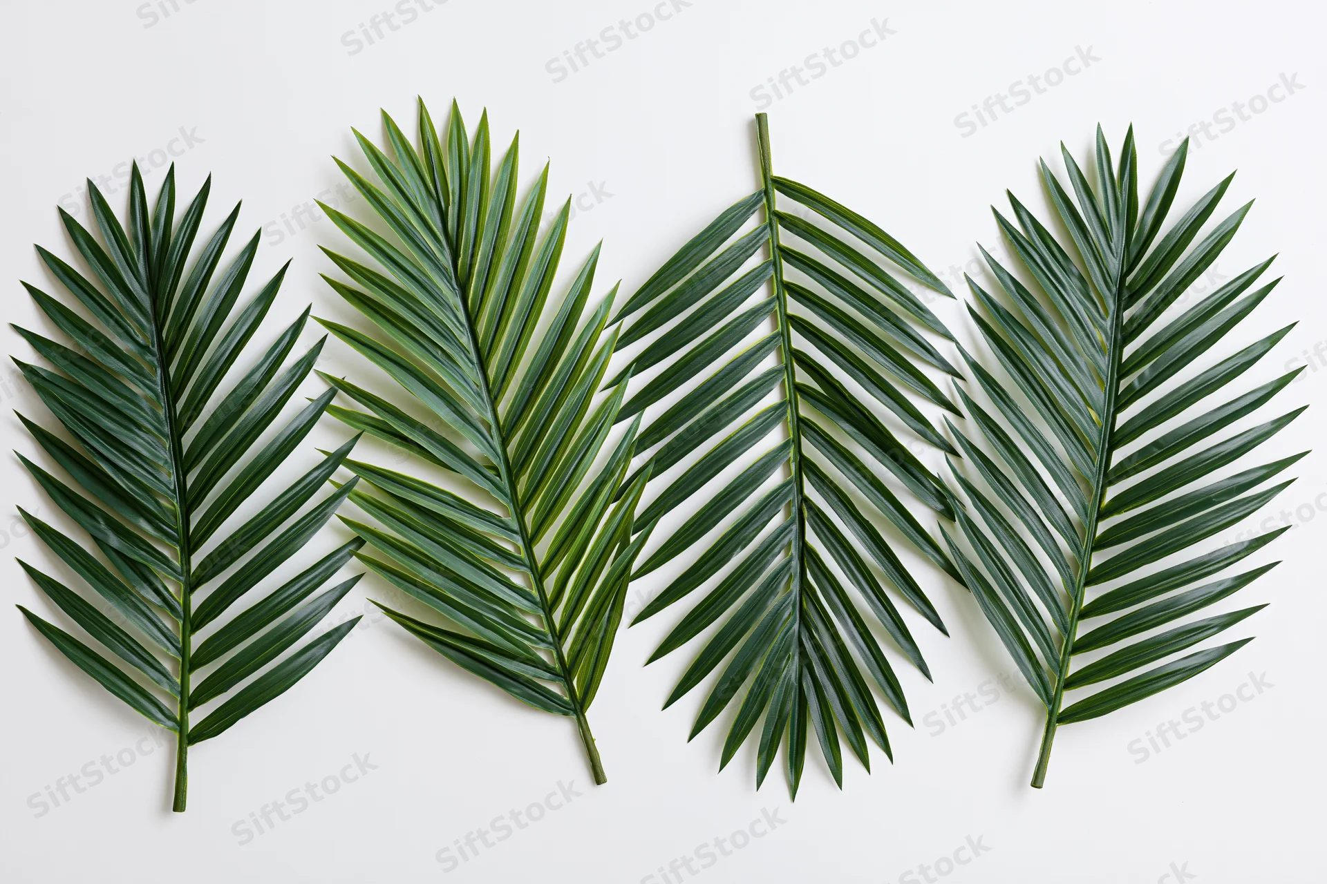 Four palm fronds arranged flat on a white background