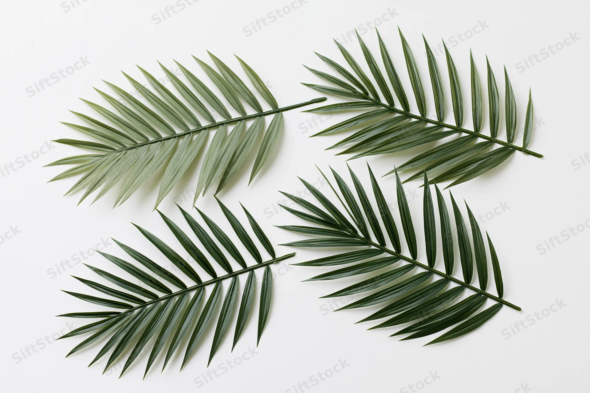 Four palm fronds arranged flat on a white background