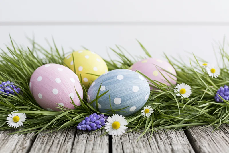 Pastel polka-dotted easter eggs nestled in green grass with daisies and hyacinths on a rustic wooden table
