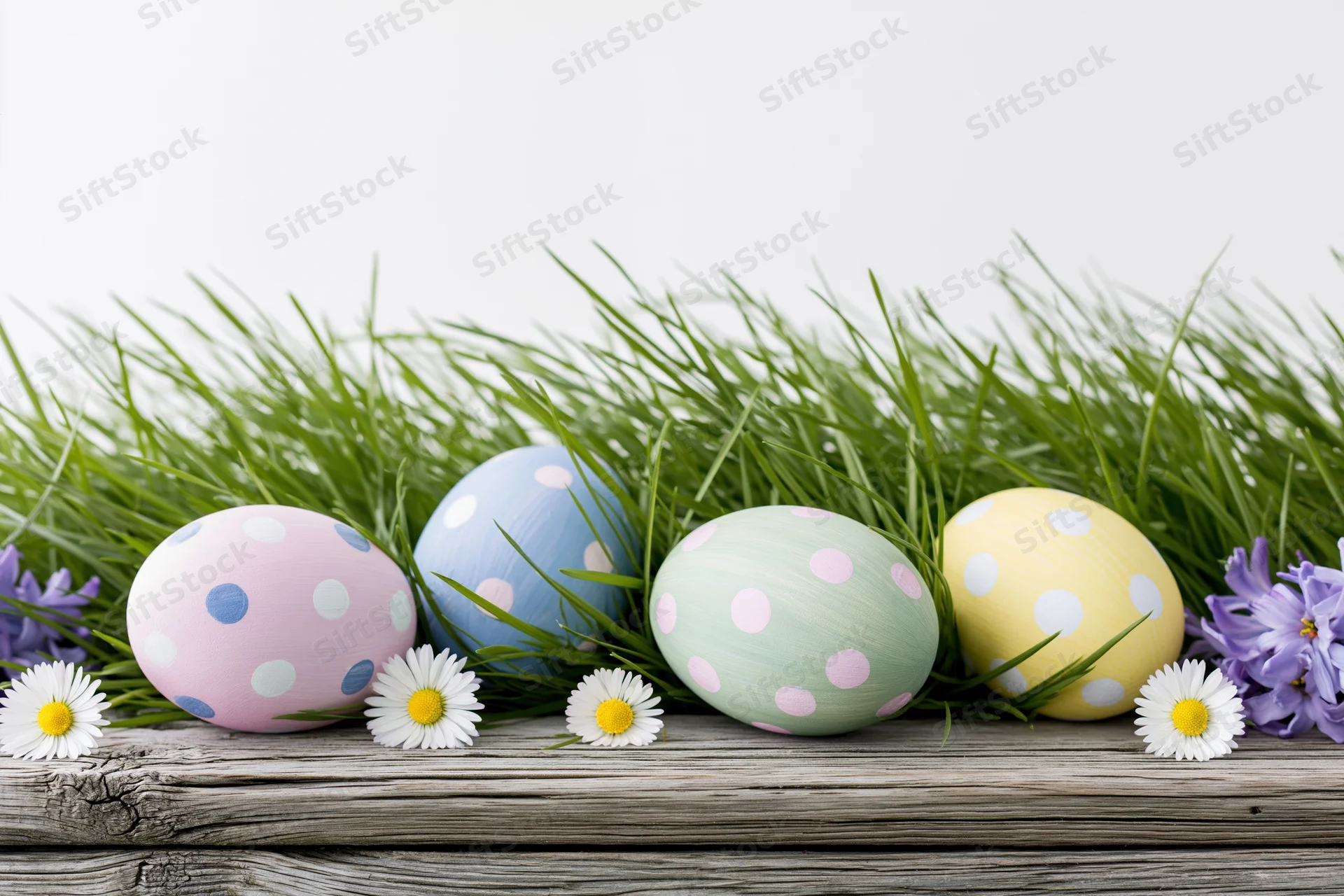 Four pastel polka-dotted easter eggs nestled in green grass with daisies and crocus on a wooden plank