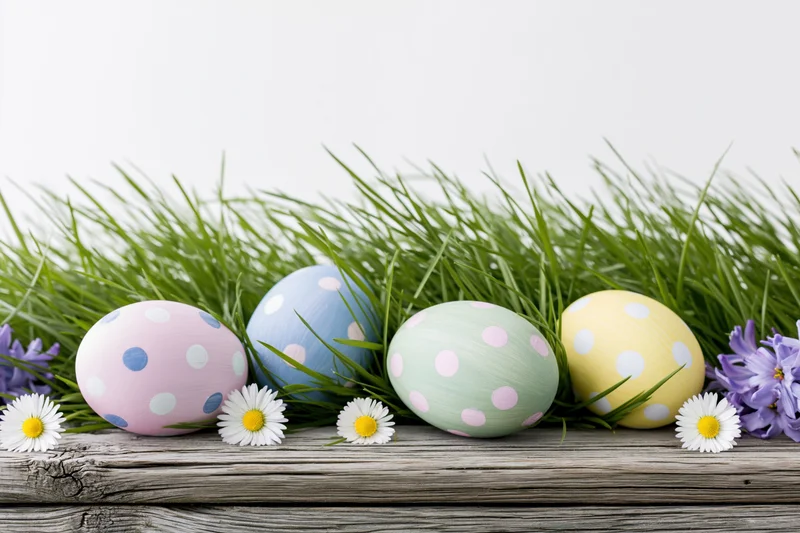 Four pastel polka-dotted easter eggs nestled in green grass with daisies and crocus on a wooden plank