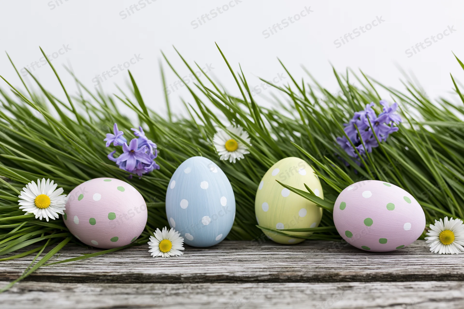 Four pastel polka-dotted easter eggs nestled in green grass with daisies and hyacinths on a wooden surface