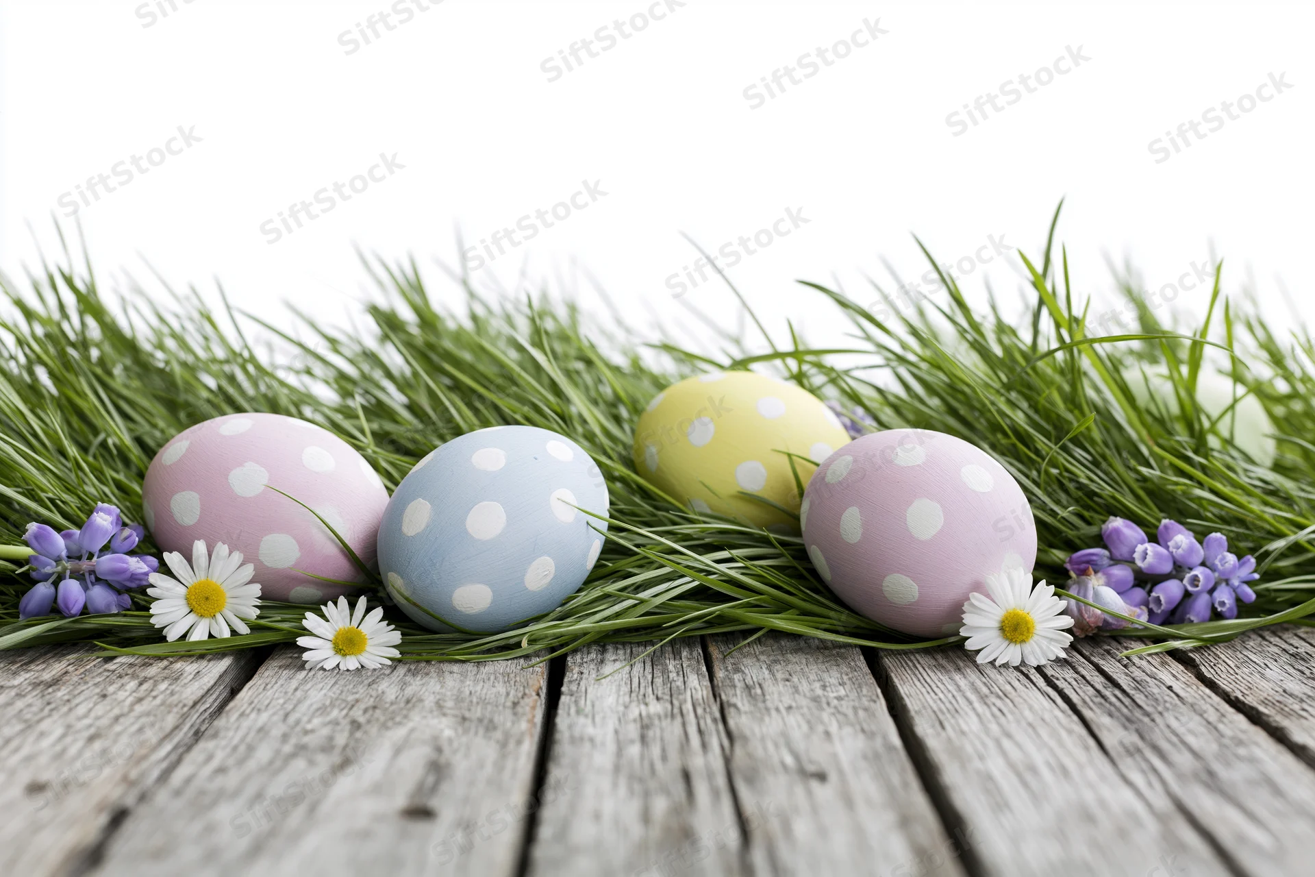 Four pastel polka-dotted easter eggs nestled in green grass with daisies and hyacinths on a wooden deck