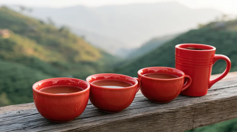 Four red ceramic cups and one tall red mug filled with tea arranged on a wooden railing overlooking green mountains in the morning