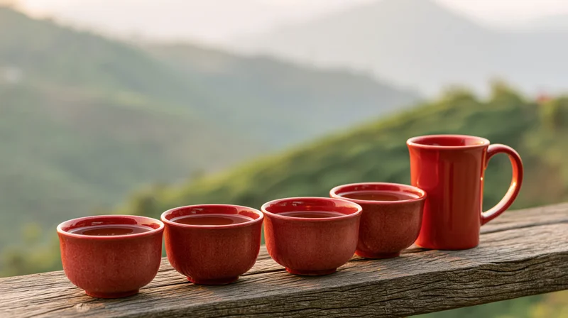 Red ceramic tea cups and mug arranged on wooden railing overlooking green mountains at sunrise