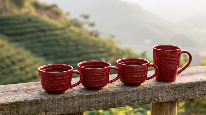 Four red ceramic cups and one tall mug filled with tea arranged on a wooden railing overlooking a green tea plantation at sunrise