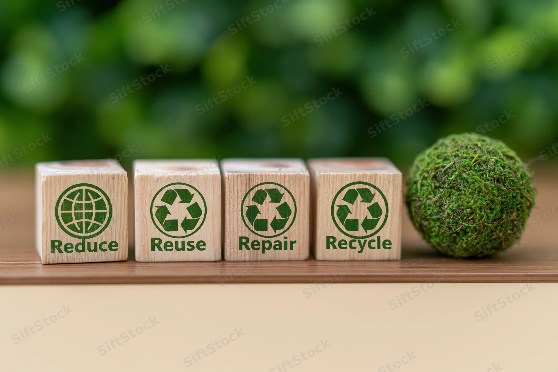 Four wooden blocks with reduce reuse repair recycle text and green globe symbols on a wooden surface beside a moss ball