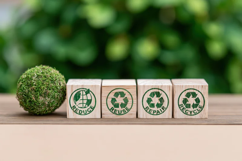 Four wooden blocks with reduce reuse repair recycle symbols on a table beside a moss ball with green foliage background