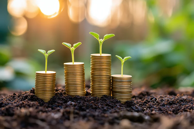 Stacks of coins with sprouting plants growing from soil in a garden setting