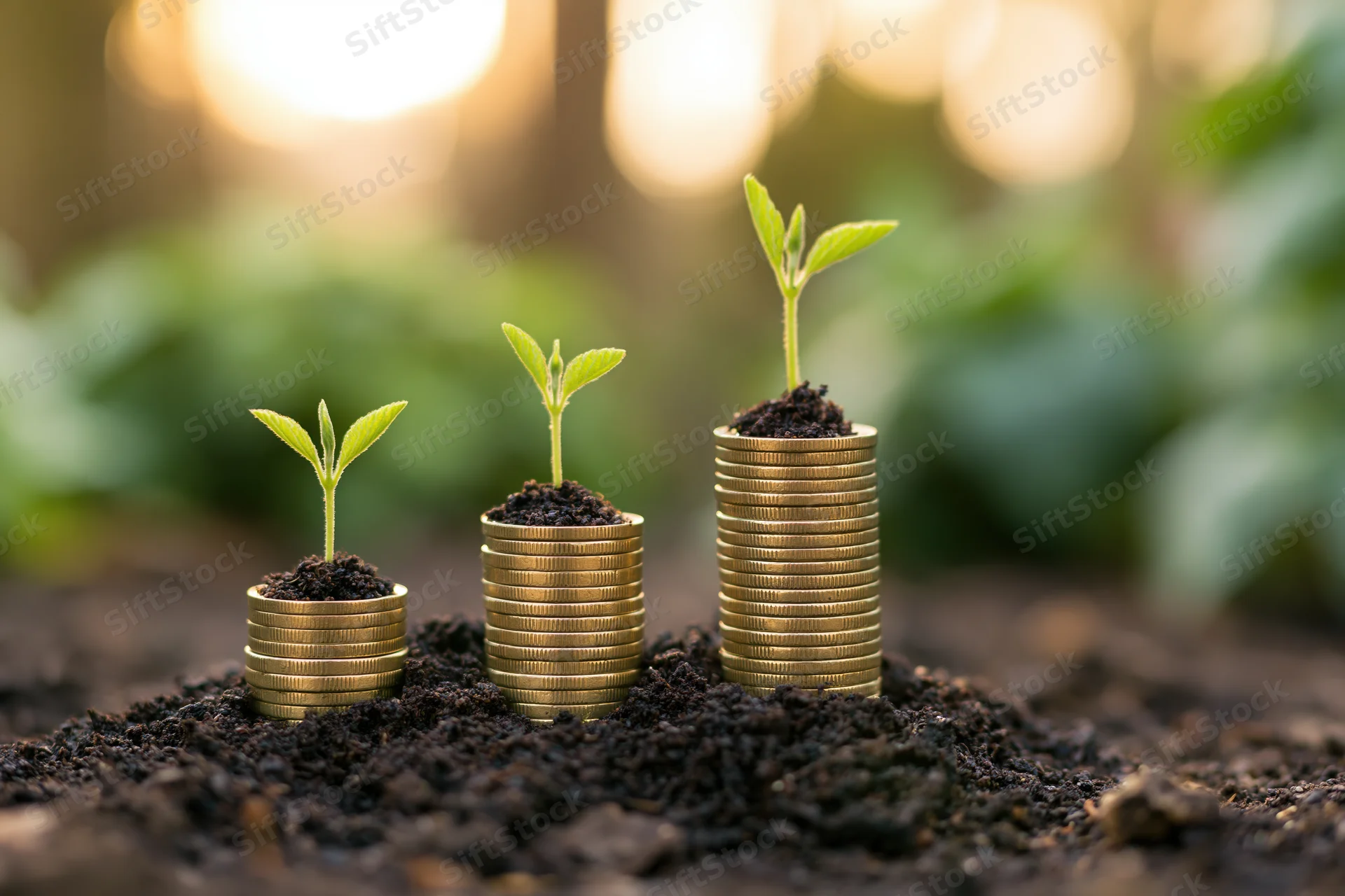 Three stacks of coins with seedlings growing from soil in ascending order outdoors