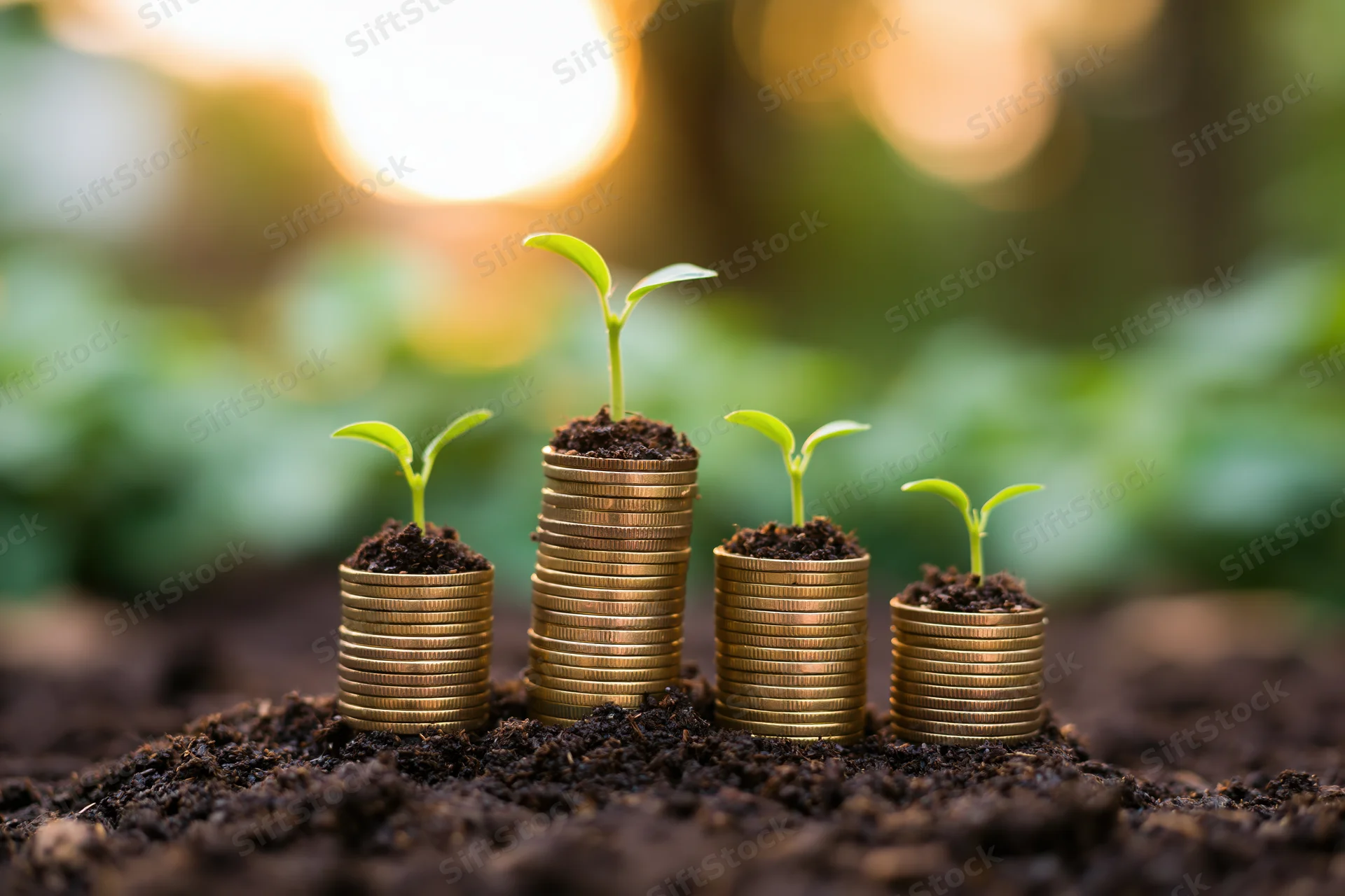 Four stacks of coins with seedlings growing from soil in a garden setting at sunrise