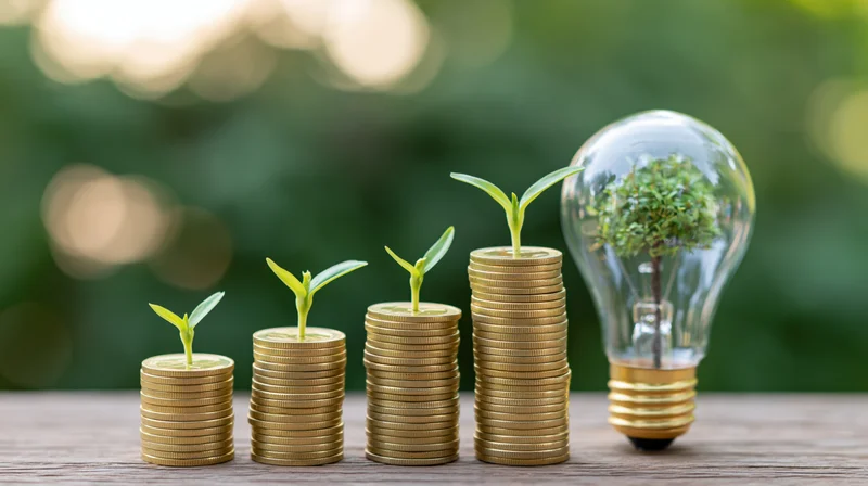 Stacks of gold coins with growing plants on top arranged in ascending order on a wooden table beside a lightbulb containing a small tree, set against a blurred green outdoor background