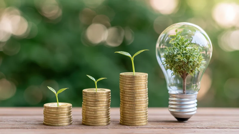 Stacks of gold coins with growing plants and a tree inside a lightbulb on a wooden table
