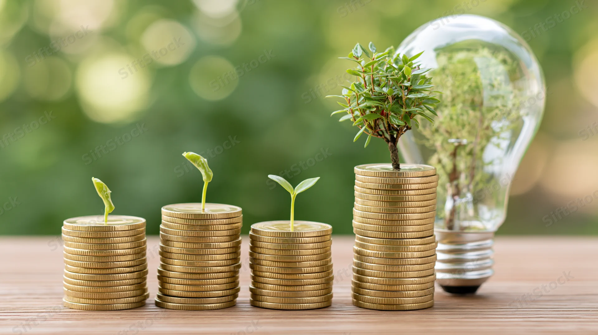 Stacks of gold coins with growing plants and a lightbulb on a wooden table outdoors