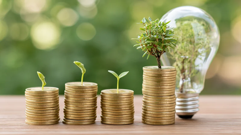 Stacks of gold coins with growing plants and a lightbulb on a wooden table outdoors