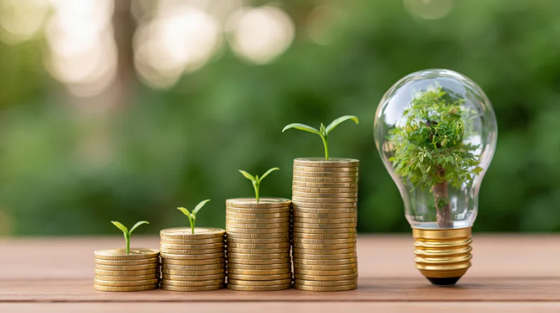Stacks of gold coins with growing plants on top and a tree inside a lightbulb on a wooden table outdoors