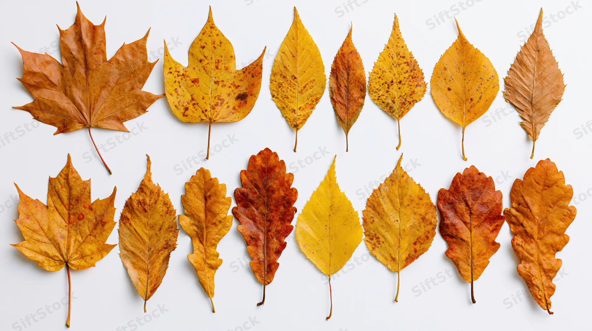 Fourteen dried autumn leaves of various species arranged in two rows on white background