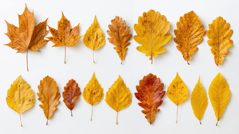 Fourteen dried autumn leaves of various species arranged in two rows on white background