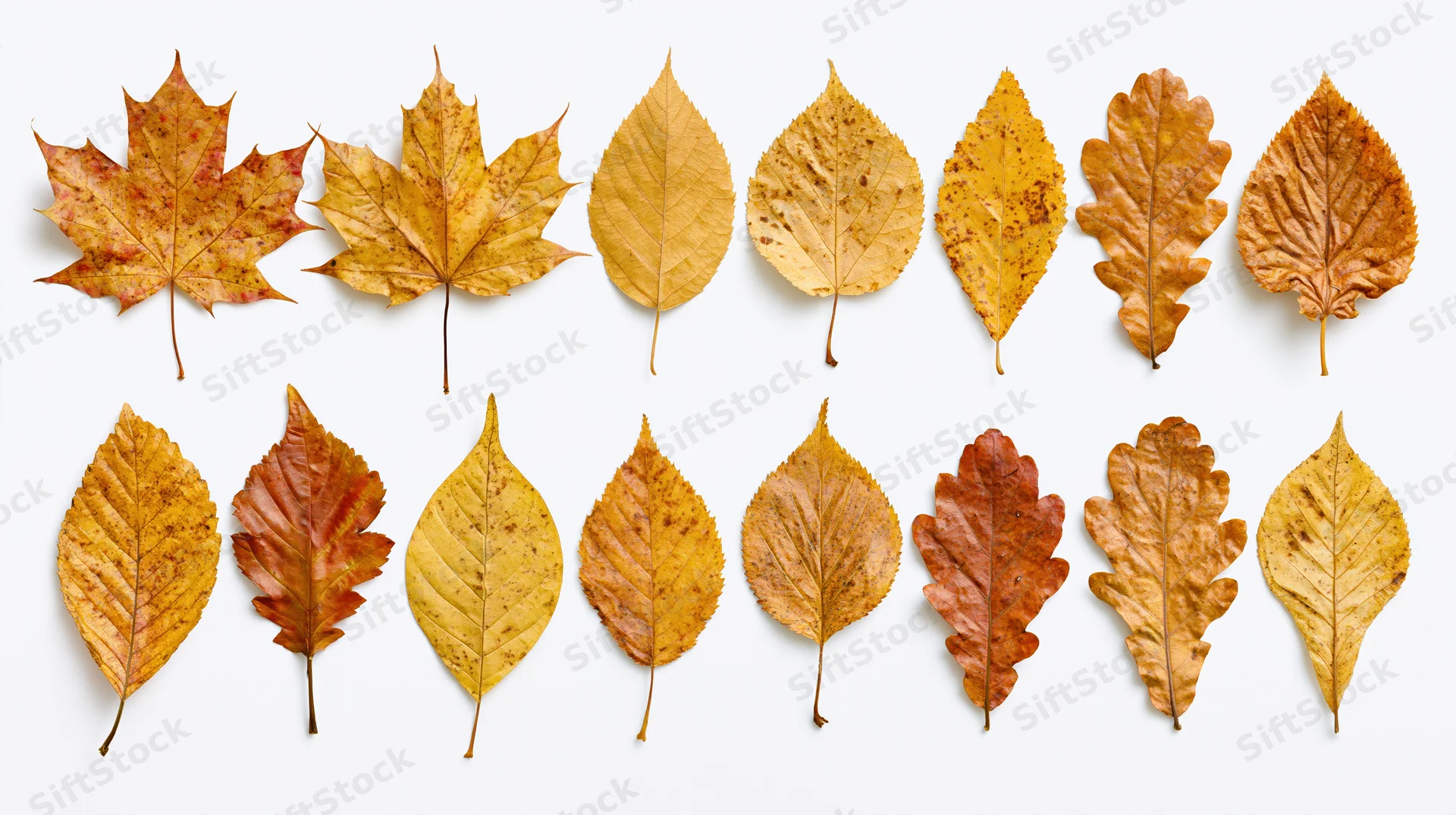 Fourteen dried autumn leaves of various species arranged in two rows on white background