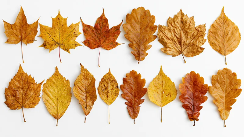 Fourteen dried autumn leaves of various species arranged in two rows on white background