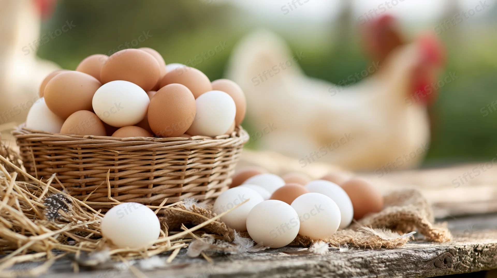 Brown and white chicken eggs in a wicker basket on a wooden table with hens in the background