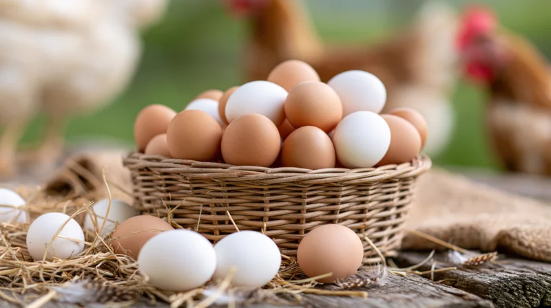 Brown and white chicken eggs piled in a wicker basket on a wooden table with straw and hens in the background