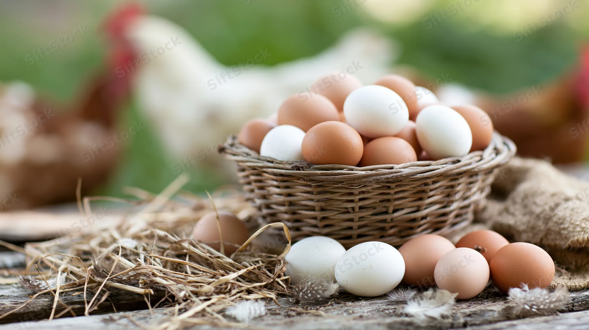Brown and white chicken eggs in a wicker basket on a wooden table with straw and feathers, farm setting