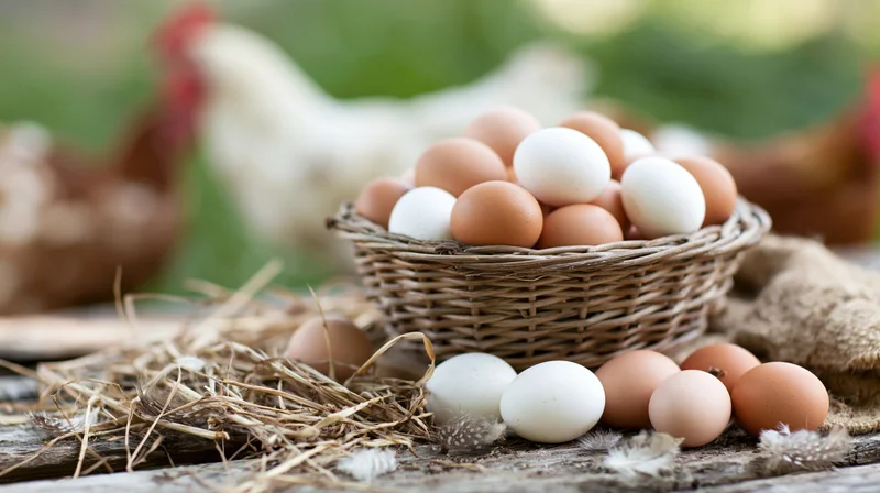 Brown and white chicken eggs in a wicker basket on a wooden table with straw and feathers, farm setting
