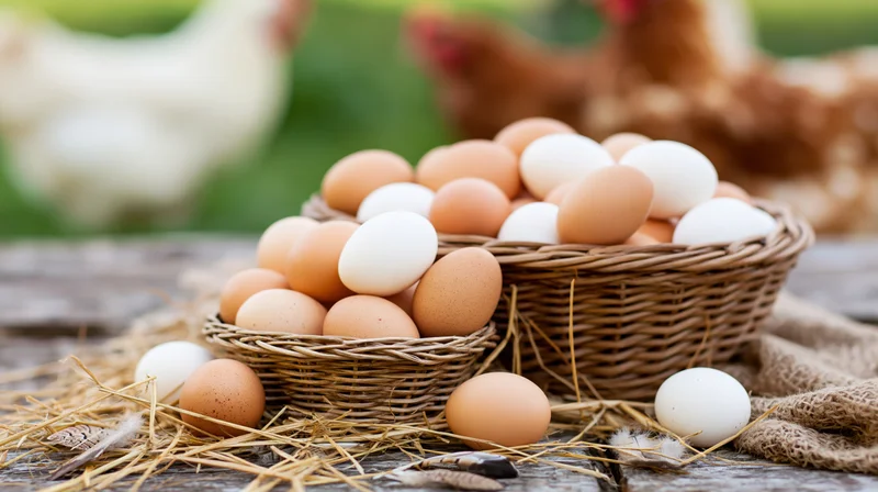 Brown and white chicken eggs piled in wicker baskets on a wooden table with straw and chickens in the background