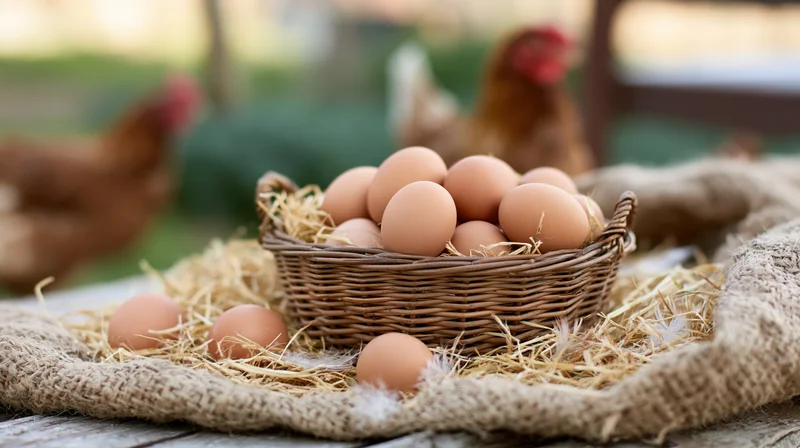 Brown eggs in a wicker basket on straw with chickens in the background