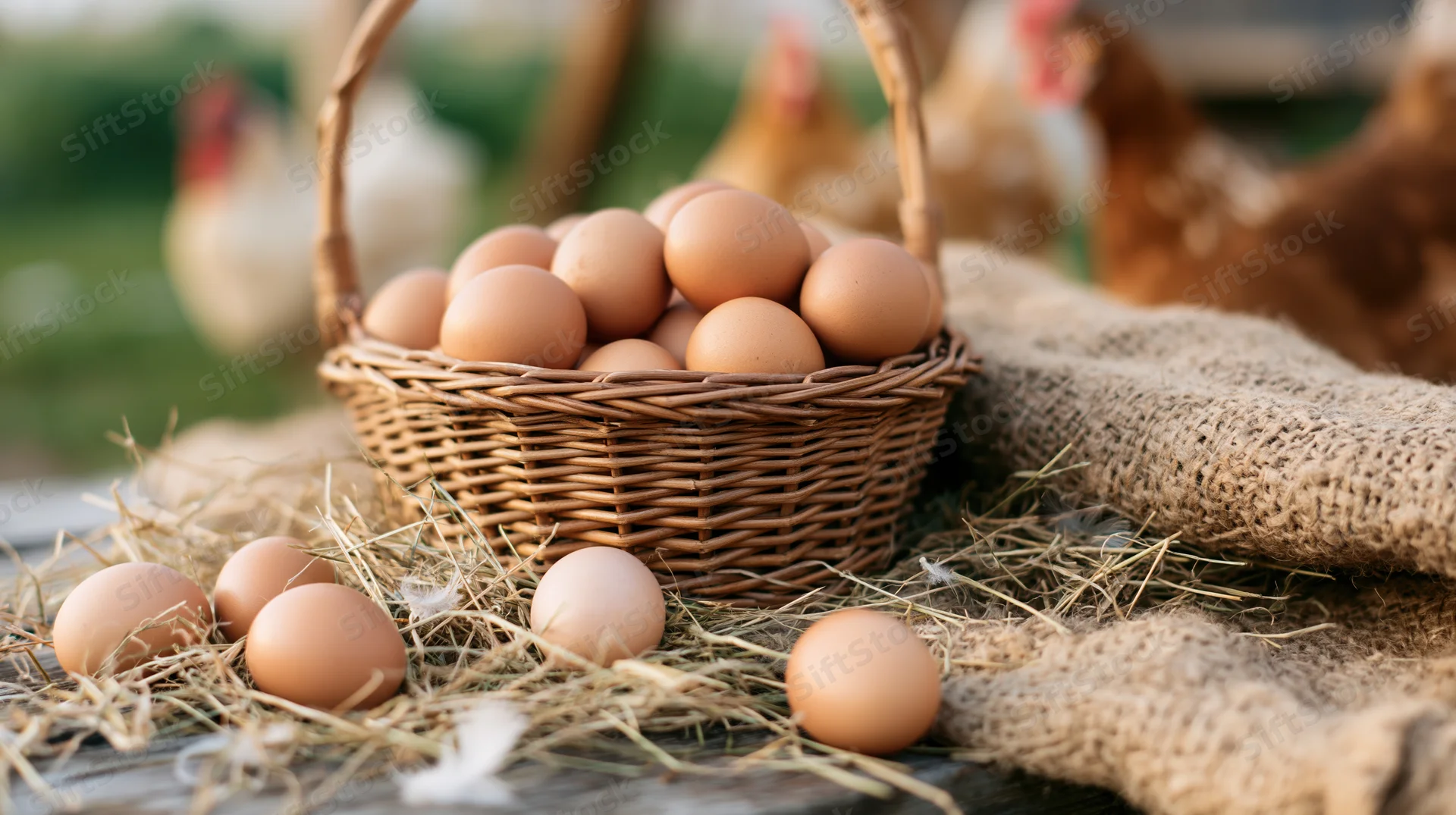 Brown eggs in a wicker basket on hay with chickens in the background