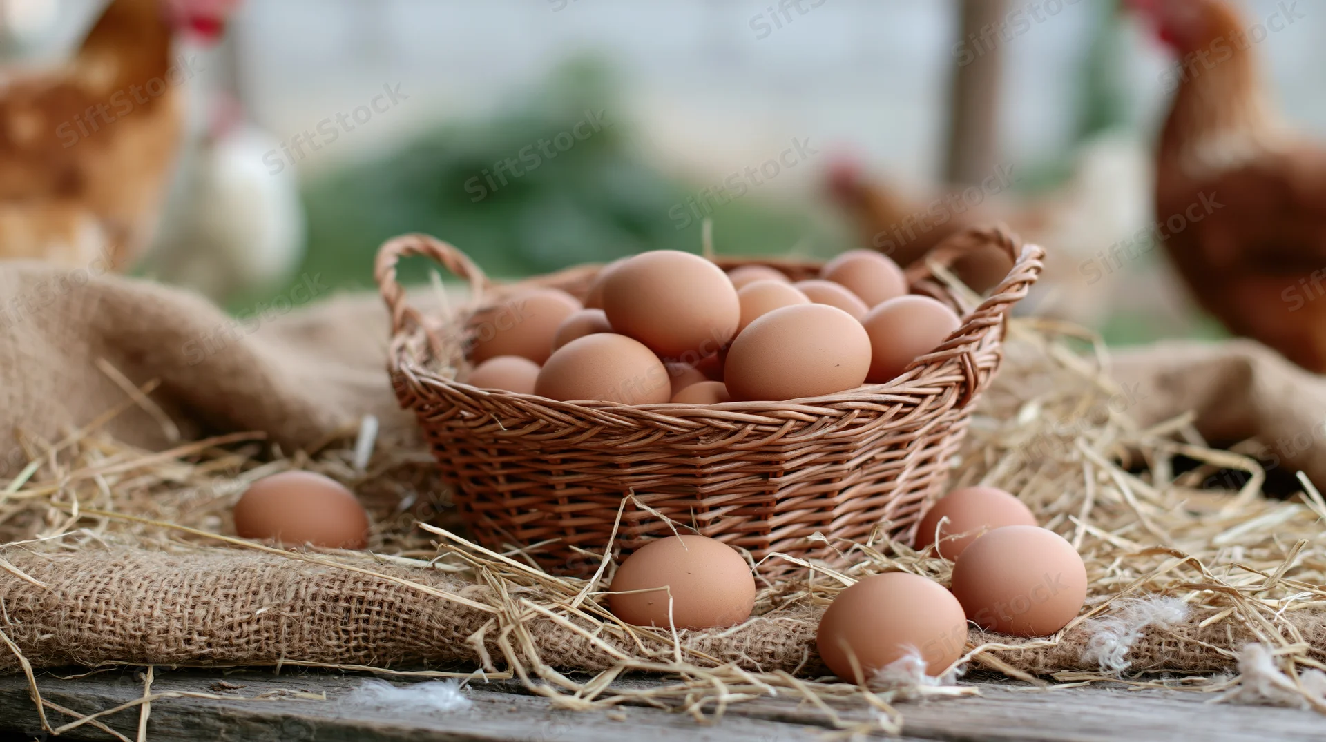 Brown eggs gathered in a wicker basket on hay with chickens in the background