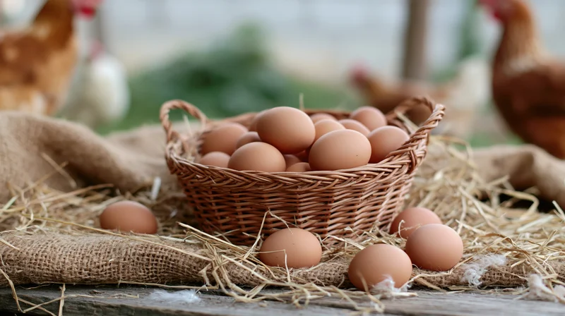 Brown eggs gathered in a wicker basket on hay with chickens in the background
