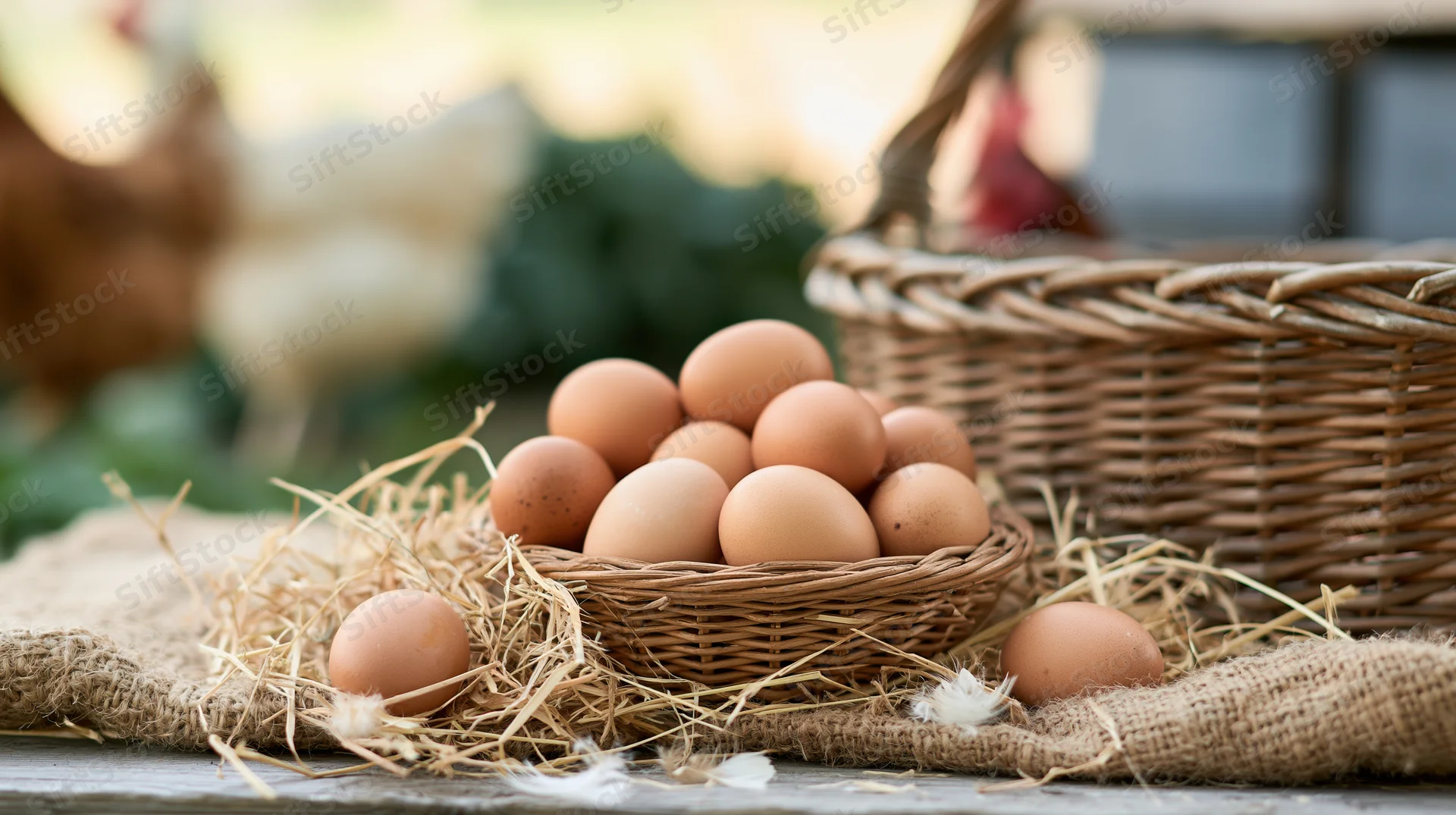 Fresh brown eggs in a small wicker basket on straw with chickens in the background
