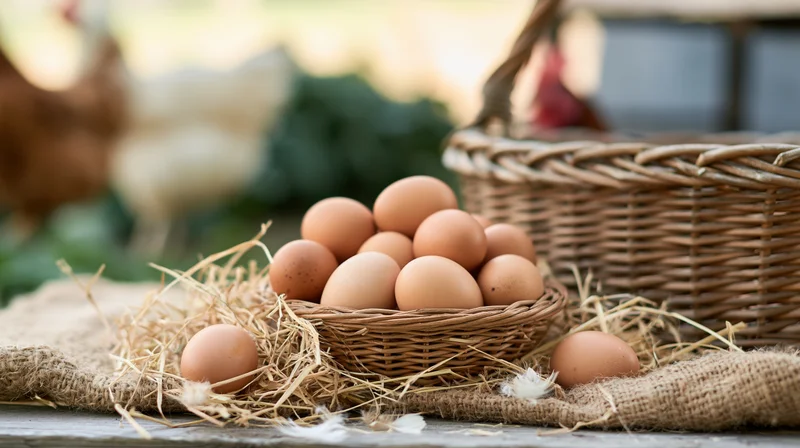 Fresh brown eggs in a small wicker basket on straw with chickens in the background