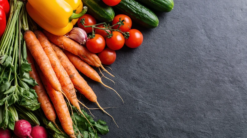 Fresh vegetables arranged on dark slate surface with copyspace