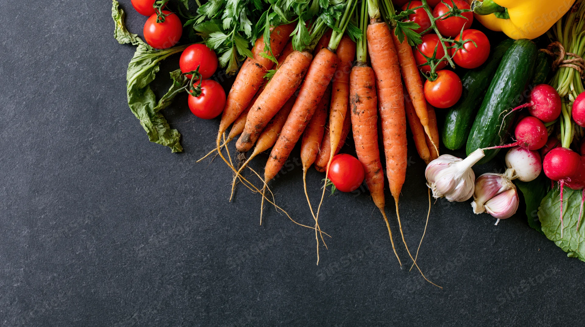 Fresh vegetables including carrots, tomatoes, garlic, radishes, and peppers arranged on a dark surface with copyspace