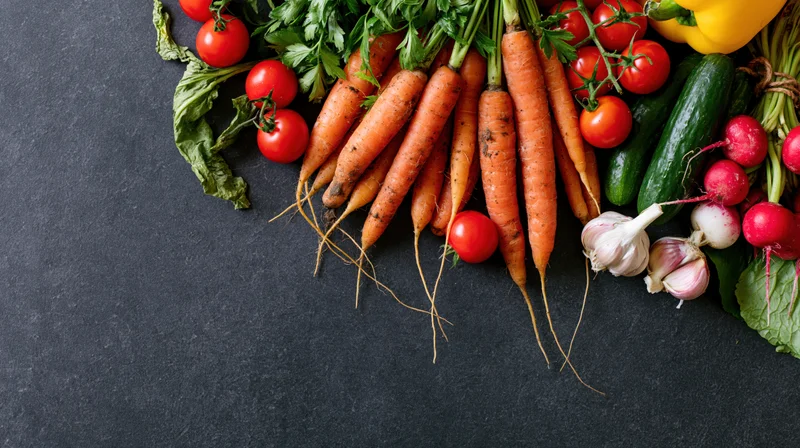 Fresh vegetables including carrots, tomatoes, garlic, radishes, and peppers arranged on a dark surface with copyspace