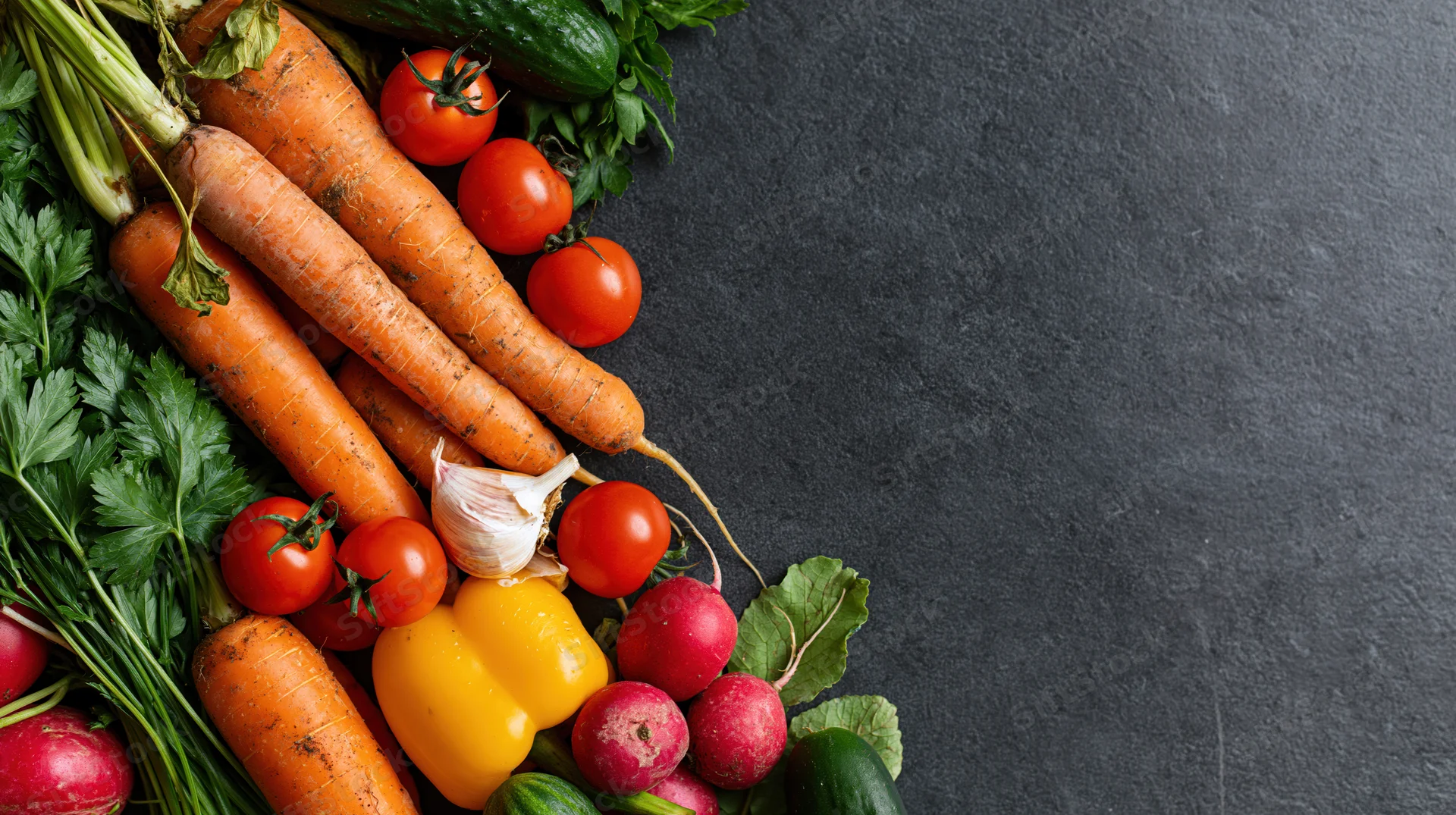 Fresh vegetables arranged on dark slate surface with copyspace