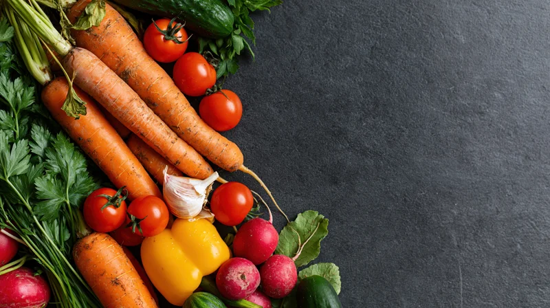 Fresh carrots cherry tomatoes yellow bell pepper garlic radish