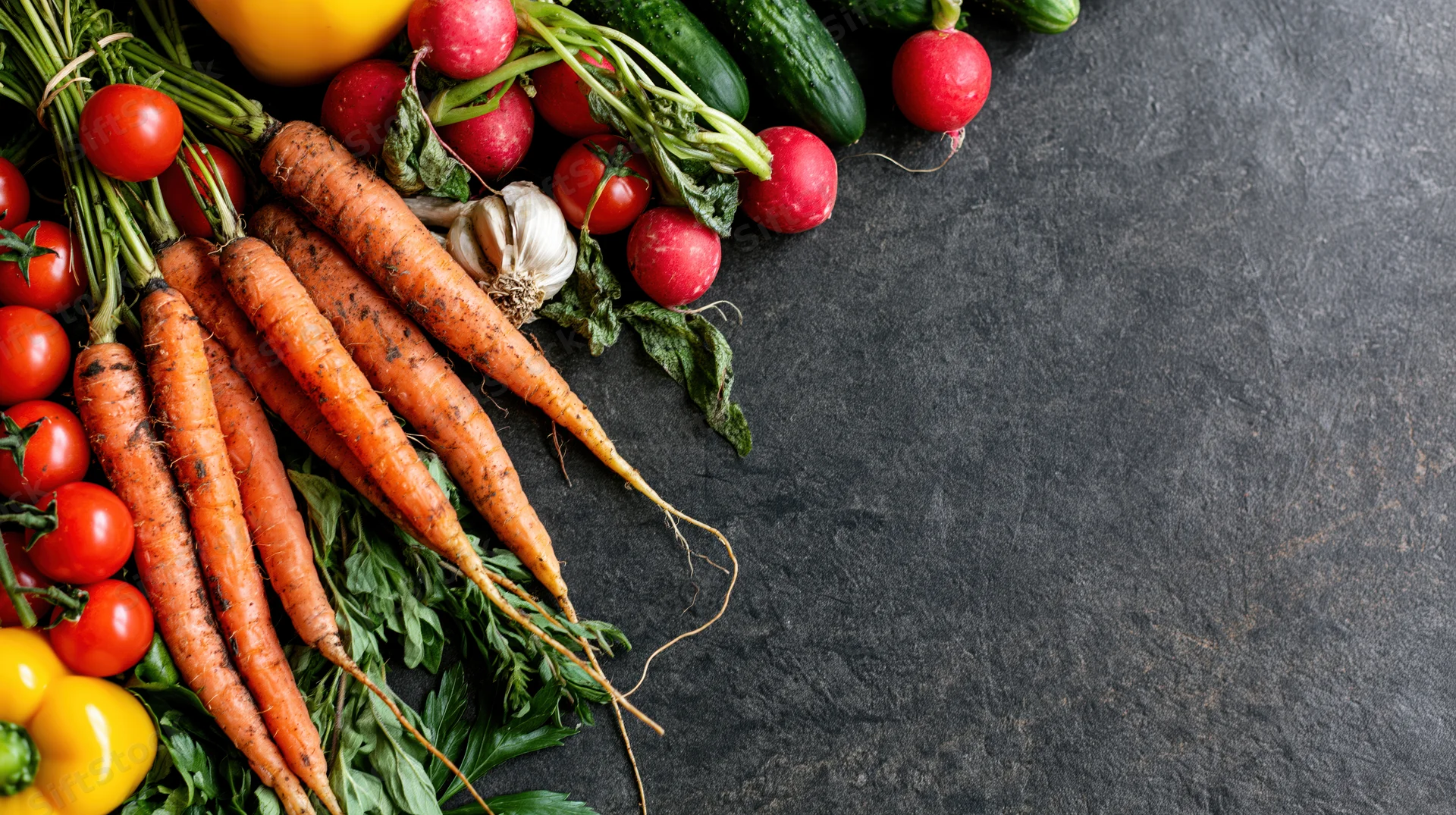 Fresh vegetables arranged on dark stone surface with copyspace