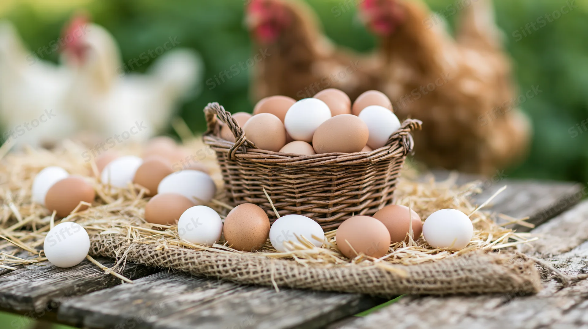 Fresh farm eggs in a wicker basket on straw-covered wooden table with chickens in background