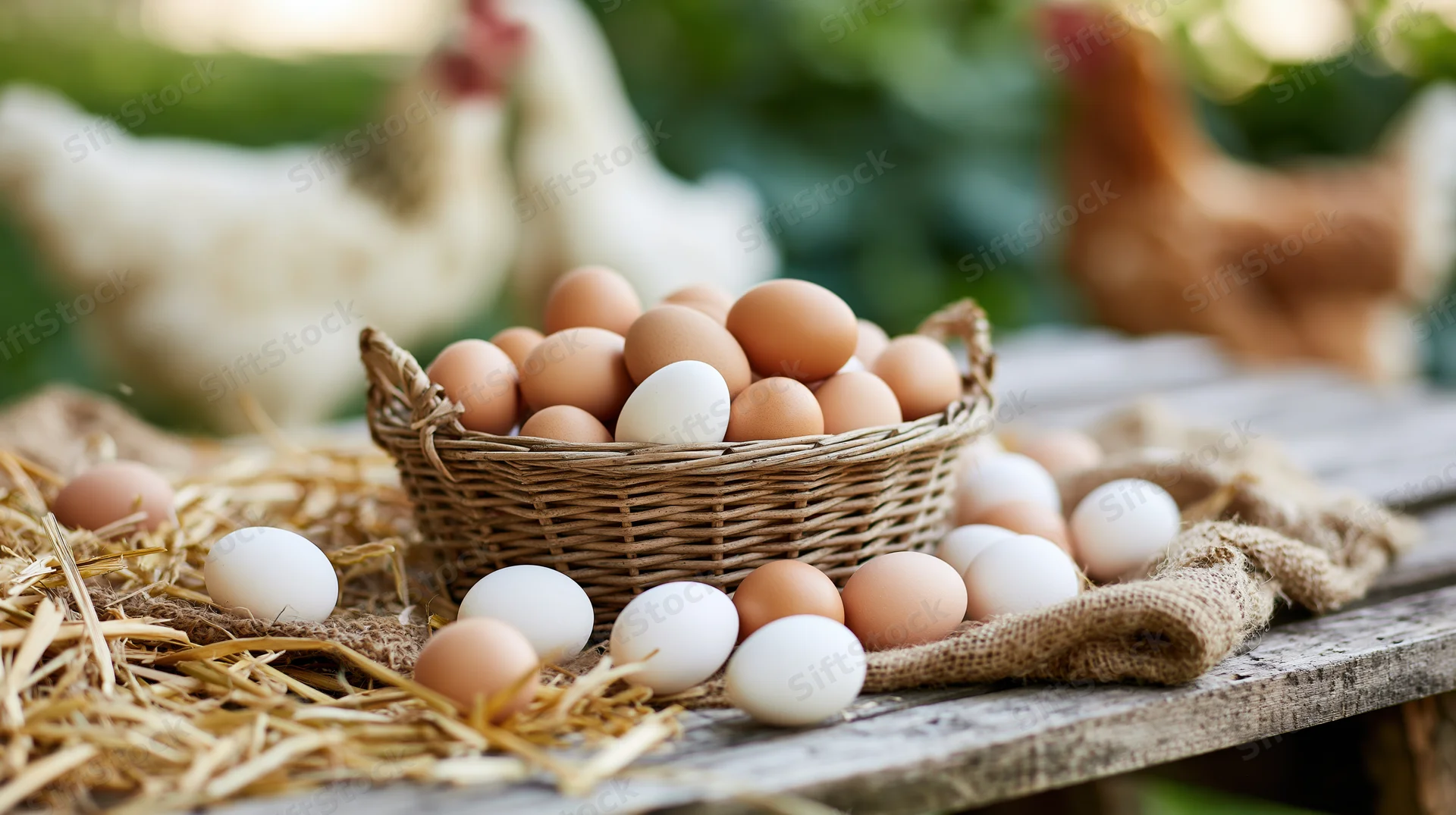 Fresh farm eggs in a wicker basket on a wooden table with chickens in the background