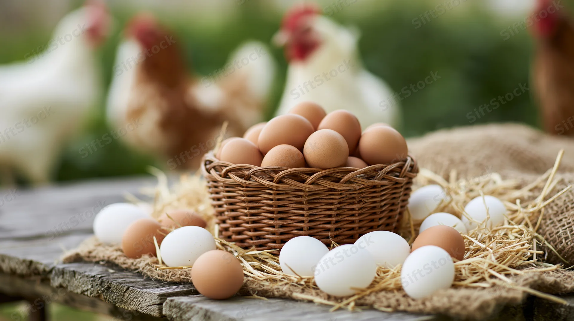 Fresh farm eggs in a wicker basket on a wooden table surrounded by straw with chickens in the background