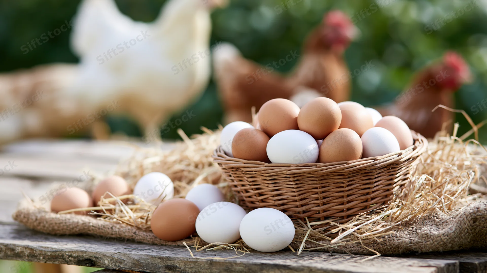 Fresh farm eggs in a wicker basket on a wooden table surrounded by straw with chickens in the background