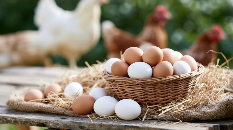 Fresh farm eggs in a wicker basket on a wooden table surrounded by straw with chickens in the background